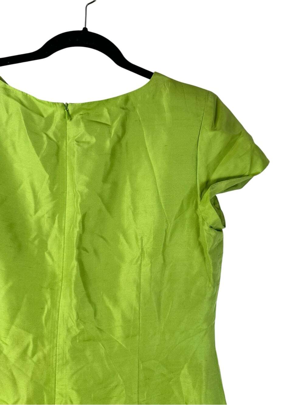 Talbots 100% Silk Sheath Dress 14P Chartreuse Green Bow Waist Petite Cocktail - Picture 10 of 16